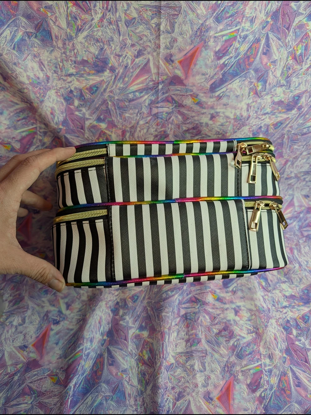 Underonesky Striped 3 Zipper Cosmetic Make Up Case with Rainbow Trim, Used Once